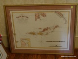 (LR) FRAMED AND MATTED MAP OF THE VIRGIN ISLANDS IN GOLD FRAME- 33 IN X 26 IN, ITEM IS SOLD AS IS