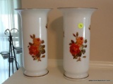 (APTLR) PR. OF PAINTED MILK GLASS VASES WITH MINOR CHIPS ON THE RIM- 11 IN H, ITEM IS SOLD AS IS