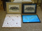 (APTLR) 3 FRAMED ITEMS AND A DECORATIVE CLOTH WALL PIECE- FRAMED MAP OF VIRGIN ISLANDS IN BLACK