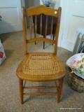 (APTLR) ANTIQUE MAPLE CANED BOTTOM CHAIR- 17 IN X 16 IN X 35 IN, ITEM IS SOLD AS IS WHERE IS WITH NO