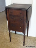 (APTLR) ANTIQUE MAHOGANY 3 DRAWER DROPSIDE SEWING STAND- 16 IN X 14 IN X 30 IN, ITEM IS SOLD AS IS