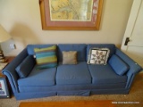 (APTLR) BLUE UPHOLSTERED SOFA- 85 IN X 33 IN X 31 IN, ITEM IS SOLD AS IS WHERE IS WITH NO GUARANTEES