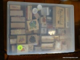 (APTLR) CONTAINER OF SINGLE DECORATIVE RUBBER INK STAMPS, ITEM IS SOLD AS IS WHERE IS WITH NO
