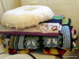 (APTHALL) 5 HAND CROCHETED AFGHANS AND A LACE AND STITCHED PATTERN PILLOW, ITEM IS SOLD AS IS WHERE