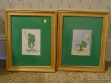(APTHALL) PR. OF FRAMED AND MATTED FROG BATHROOM PRINTS BY GINGER CROWELL, IN MAPLE FRAMES- 13.5 IN