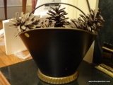 (LR) PAINTED COAL BUCKET WITH DECORATIVE PINE CONES- 15 IN X 12 IN, ITEM IS SOLD AS IS WHERE IS WITH