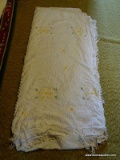(3RD FL) VINTAGE WHITE FULL SIZE CHENILLE BEDSPREAD WITH YELLOW AND GREEN FLOWERS, ITEM IS SOLD AS
