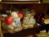 (3RD FL) SHELF LOT OF NEW PACKING TAPE, BAG OF KNITTING YARN AND SUSPENDERS, ITEM IS SOLD AS IS