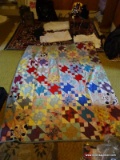 (3RD FL) COTTON MULTI COLOR HANDMADE QUILT- FULL SIZE, ITEM IS SOLD AS IS WHERE IS WITH NO