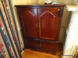 (PARLOR) CHERRY 4 DOOR ENTERTAINMENT CABINET- 47 IN X 24 IN X 62 IN, ITEM IS SOLD AS IS WHERE IS