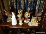 (PARLOR) SHELF LOT OF MISCELL. FIGURINES- PR, OF PHEASANTS, 2 DAVID WINTER COMPOSITION HOUSES, 3