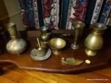 (PARLOR) BRASS LOT- 3 VASES, CUP AND SAUCER, POURER, ETC., ITEM IS SOLD AS IS WHERE IS WITH NO