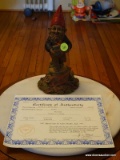 (PARLOR) GNOME FIGURINE- HAPPY- WITH COA- 8 IN H, ITEM IS SOLD AS IS WHERE IS WITH NO GUARANTEES OR