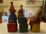 (PARLOR) GNOME FIGURINES- 3 GNOMES OF JOY-O- 4 IN H, ITEM IS SOLD AS IS WHERE IS WITH NO GUARANTEES