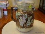 (PARLOR) ANTIQUE MAJOLICA PITCHER- 9 IN H, ITEM IS SOLD AS IS WHERE IS WITH NO GUARANTEES OR