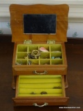 (UPBD1) MAPLE JEWELRY BOX WITH COSTUME JEWELRY- 7 IN X 5 IN X 4 IN, ITEM IS SOLD AS IS WHERE IS WITH