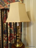 (PARLOR) BRASS LAMP WITH CLOTH SHADE- 29 IN H., ITEM IS SOLD AS IS WHERE IS WITH NO GUARANTEES OR