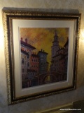 (HALL) FRAMED AND DOUBLE MATTED STREET SCENE OF VENICE BY A. KRASNYANSKY IN GOLD AND BLACK FRAME- 39