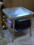 (BCKRM) ANTIQUE WICKER END TABLE WITH PLEXIGLASS TOP- 18 IN 18 IN X 20 IN, ITEM IS SOLD AS IS WHERE