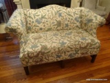 (LR) CHIPPENDALE CHERRY CAMEL BACK LOVE SEAT WITH CREWEL STITCH UPHOLSTERY, EXCELLENT CONDITION- 58