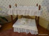 (UPBD1) PINE FOUR POSTER DOLL BED WITH PORCELAIN DOLL- 19 IN X 12 IN X 21 IN, ITEM IS SOLD AS IS