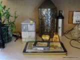 (BCKRM) MISCELL. LOT- PUNCHED TIN CANDLE HOLDER, PLACEMATS AND COASTERS 2 BELLS, ETC., ITEM IS SOLD