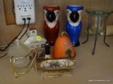 (BCKRM) MISCELL. LOT- PORCELAIN COURTHOUSE OIL LAMP ON BRASS STAND, 2 PARROT GLASSES, BIRD