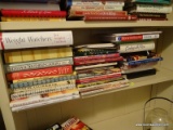 (STUDY) SHELF LOT OF COOKBOOKS TO INCLUDE TITLES SUCH AS COOKING WITH CLASS, ALL AMERICAN COOKBOOK,