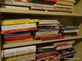 (STUDY) SHELF LOT OF COOKBOOKS TO INCLUDE TITLES SUCH AS A PINCH OF LOVE, THE NEW PASTA COOKBOOK,