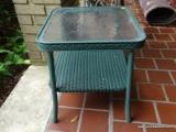 (FRNT PRCH) LLOYD FLANDERS GREEN WICKER SQUARE END / SIDE TABLE WITH PLEXIGLASS TOP AND LOWER SHELF.