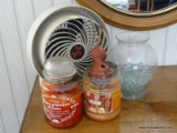(UPBD2) MISCELL LOT- VORNADO TABLE TOP FAN, 2 YANKEE CANDLES, VASE WITH GLASS BEADS, ITEM IS SOLD AS