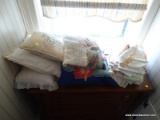 (UPBD2) LOT OF VINTAGE TABLE TOP LINENS, SOME EMBROIDERED, AND DECORATIVE PILLOWS, ITEM IS SOLD AS