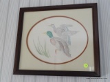 (UPBD2) FRAMED AND DOUBLE MATTED PEN AND INK OF DUCKS IN FLIGHT, IN CHERRY FRAME- 17 IN X 15 IN,