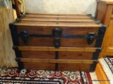 (UPHALL) ANTIQUE PINE AND METAL SQUARE TRUNK- REFINISHED AND READY FOR THE HOME- 35 IN X 20 IN X 22
