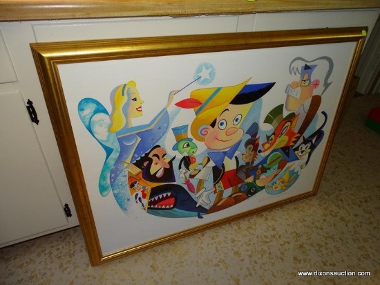 (UPKIT) FRAMED WALT DISNEY SERIGRAPH TITLED "PINOCCHIO'S WORLD" IN A GOLD TONE FRAME. LIMITED