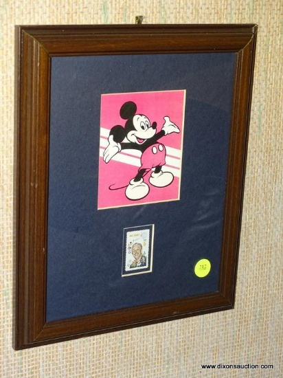 (DWN BCK RM) FRAMED VINTAGE WALT DISNEY STAMP WITH A VINTAGE LITHOGRAPH OF MICKEY MOUSE OVER TOP OF