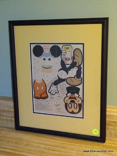 (UPKIT) FRAMED AND UNCUT VINTAGE MICKEY MOUSE PAPER PUPPET. IS IN A BLACK FRAME AND MAKES FOR AN