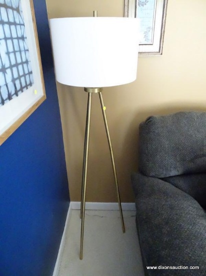 (LR) BRASS TRIPOD FLOOR LAMP WITH SHADE- 60 IN, ITEM IS SOLD AS IS WHERE IS WITH NO GUARANTEES OR