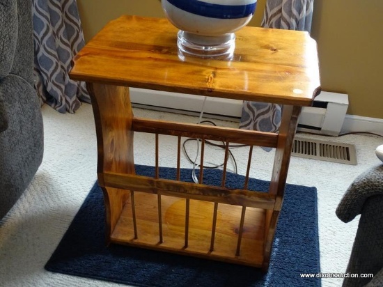 (LR) PINE END TABLE WITH LOWER MAGAZINE RACK- 22 IN X 14 IN X 24 IN, ITEM IS SOLD AS IS WHERE IS