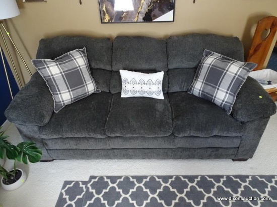 (LR) GRAY UPHOLSTERED SOFA- WITH DECORATIVE PILLOWS- SHOWS NO WEAR- VERY GOOD CONDITION-88 IN X 36