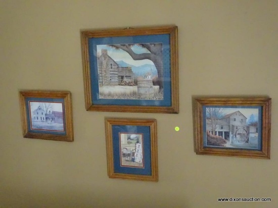 (LR) 4 FRAMED AND DOUBLE MATTED FOLK ART COUNTRY PRINTS IN PINE FRAMES- 3- 11 IN X 10 IN AND 1- 18