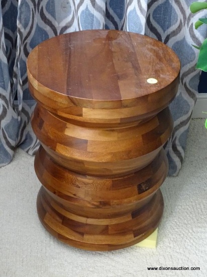 (LR) ROUND CHERRY AND MAPLE PLANT STAND- 12 IN X 15.5 IN, ITEM IS SOLD AS IS WHERE IS WITH NO