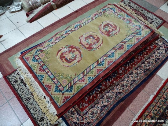 HANDMADE SCULPTED CHINESE RUG WITH DRAGON MEDALLIONS IN MAUVE, GREEN, AND BLUE. MEASURES
