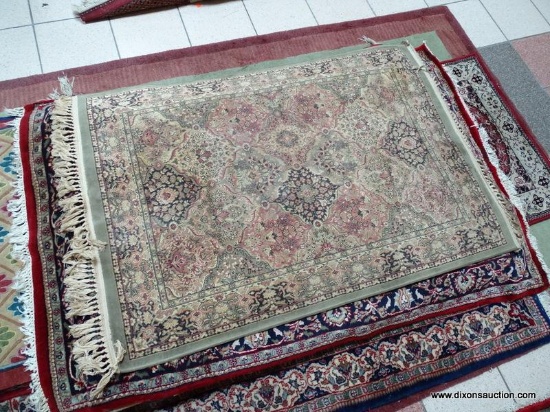 ESTATE OWNED MACHINE MADE SILK RUG IN SAGE, MAUVE, AND IVORY. MADE IN BELGIUM. MEASURES