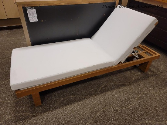 (R3) DEACON MODERN LIGHT GREY CUSHION TEAK WOOD OUTDOOR CHAISE LOUNGE. RETAILS FOR $1,600 ONLINE!