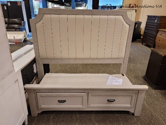 (R2) LMCO. HOME BY VAUGHAN-BASSETT YOUTH QUEEN UPHOLSTERED STORAGE BED. NEEDS RAILS. HEADBOARD