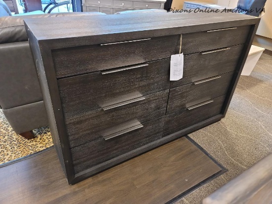 (R3) TVILUM AUSTIN 8 DRAWER DOUBLE DRESSER WITH ESPRESSO FINISH. MEASURES 64 IN X 18 IN X 40.5 IN.