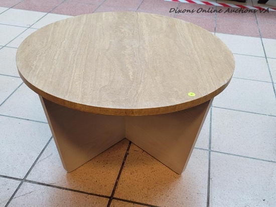 (R3) FAUX MARBLE TOP ROUND END TABLE. MEASURES 28 IN X 15.5 IN. ITEM IS SOLD AS IS WHERE IS WITH NO
