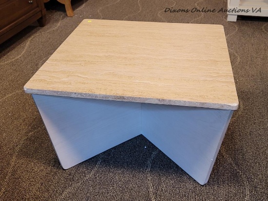 (R3) FAUX MARBLE TOP SQUARE END TABLE. MEASURES 28 IN X 28 IN X 17 IN. ITEM IS SOLD AS IS WHERE IS