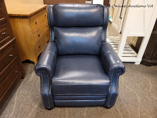 (R4) MEMBER'S MARK CLASSIC TOP-GRAIN LEATHER MACEY PUSHBACK RECLINER. IS BLUE IN COLOR. RETAILS